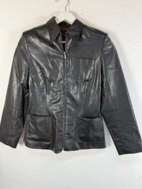 Vintage Cacharel Womens 8 Black Faux Leather Zip Jacket Patch Pockets Italy Made